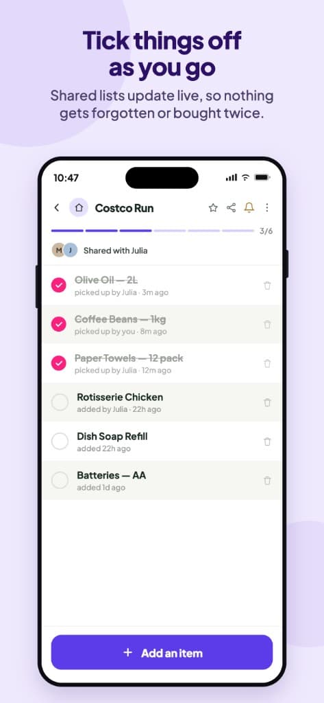 A shared Valedo list with items checked off